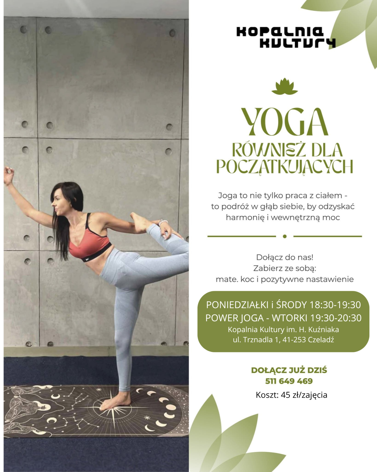 plakat z instruktorką Jogi Anią wraz z informacjami o zajęciach